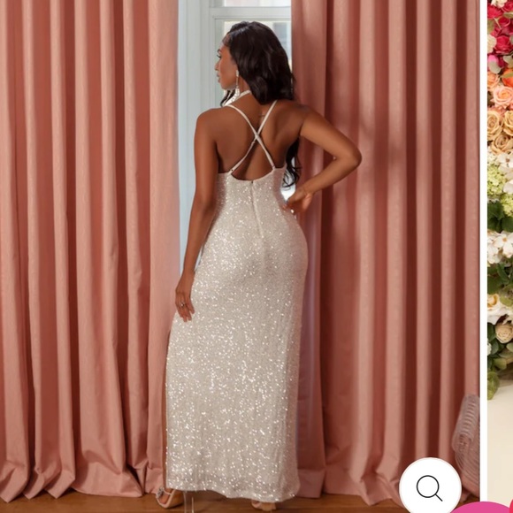 White Sequin Stretch Gown with Slit - Picture 2 of 6